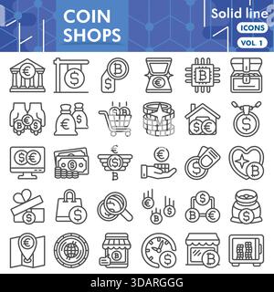 Coin shops symbols collection or sketches. bitcoin market theme icons in line style signs for web and app. Vector graphics isolated on white backgroun Stock Vector