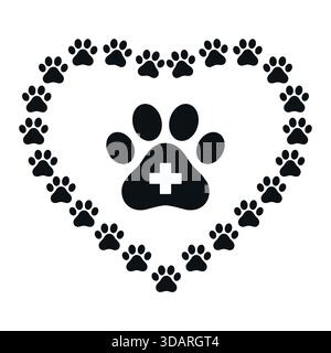 veterinary logo dog paw in heart with medical cross on white background Stock Vector