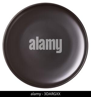 empty round matte black ceramic plate isolated white background, mock-up template of blank kitchenware ready for food placement or graphic designing Stock Photo