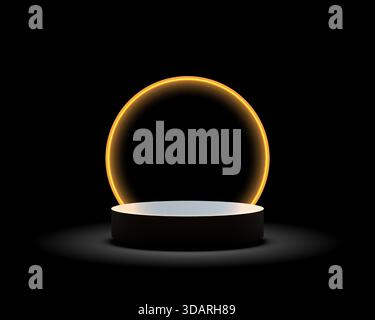 contemporary 3D marketing and commercial projects, showing a product podium on dark background, spotlight floor with a dramatic orange neon ring backd Stock Vector