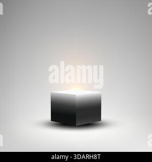 3D black cube with highly polished sides illuminated by a bright warm spotlight standing on a smooth gray gradient background for product display Stock Vector