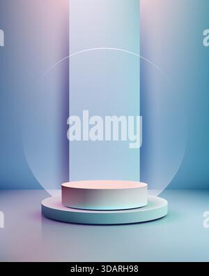 Ethereal Abstract Geometric Pedestal Showcase on Pastel Pink Blue Gradient Background with Translucent Circle Element Stock Vector
