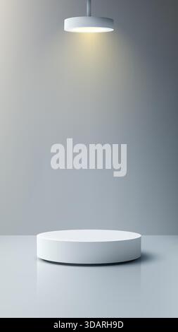 Minimalist 3D White Circular Podium Display on Light Gray Studio Floor with Overhead Warm Spotlight Illumination for Product Showcase and Presentation Stock Vector