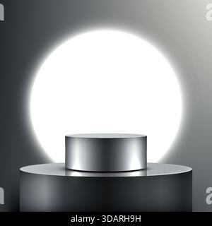 dramatic 3D scene featuring silver metallic cylindrical podium. product platform stands mockup illuminated by a large bright circular spotlight agains Stock Vector