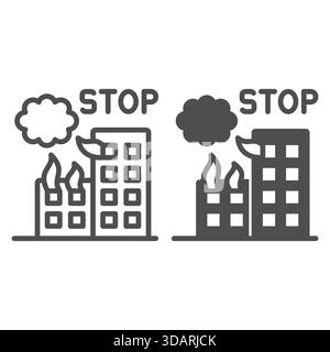 Air attack with broken buildings line and solid icon, top war concept. Vector graphics. Smoke cloud, fire flame at destroyed home houses sign on white Stock Vector