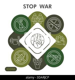 Stop war symbols collection or sketches. no war theme icons in line style signs for web and app. Vector graphics isolated on white background Stock Vector