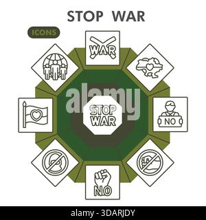 Stop war symbols collection or sketches. no war theme icons in line style signs for web and app. Vector graphics isolated on white background Stock Vector