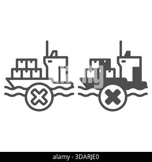 Cargo delivery vessel forbidden line and solid icon, global sanctions concept. Vector graphics. Shipping product prohibited sign on white background, Stock Vector