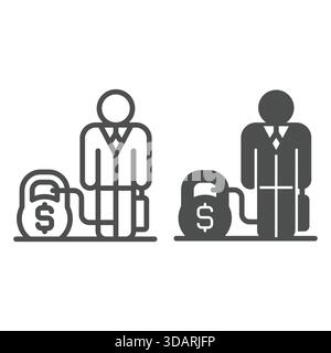 Kettlebell and man with briefcase line and solid icon, global sanctions concept. Vector graphics. Dollar dumbbell with person sign on white background Stock Vector