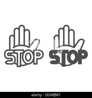Hand palm with stop text line and solid icon, stop war concept. Vector graphics. Protest gesture hand sign on white background, outline style icon for Stock Vector