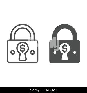 Lock with dollar in keyhole line and solid icon, global sanctions concept. Vector graphics. Locked currency exchange sign on white background, outline Stock Vector