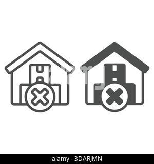 Warehouse cargo boxes forbidden line and solid icon, global sanctions concept. Vector graphics. Storage building without product sign on white backgro Stock Vector