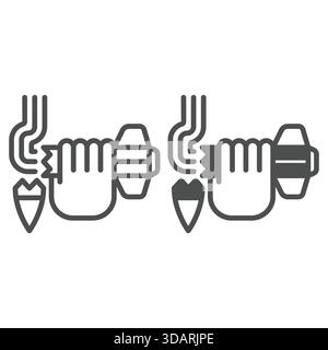 Catching rocket with bomb line and solid icon, stop war concept. Vector graphics. Broken army rocket in hand sign on white background, outline style i Stock Vector