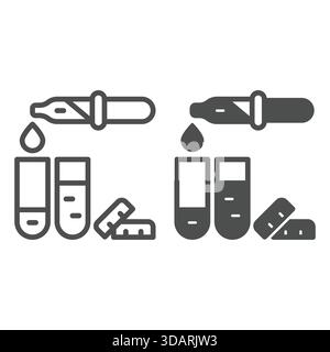 Flasks with pipette line and solid icon, clinical research concept. Vector graphics. Medical test, experiment sign on white background, outline style Stock Vector