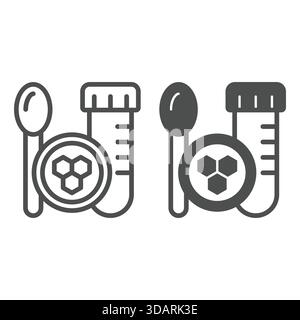 Spoon and DNA sample flask line and solid icon, genetic research concept. Vector graphics. DNA chain cells test tube sign on white background, outline Stock Vector