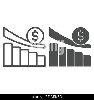 Trend to go down chart line and solid icon, world sanction concept. Vector graphics. Dollar currency graph, market pressure sign on white background, Stock Vector