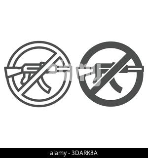 Ak47 Kalashnikov rifle forbidden line and solid icon, stop war concept. Vector graphics. Assault riffle gun prohibited sign on white background, outli Stock Vector