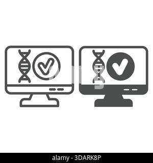 Monitor screen with DNA approval line and solid icon, genetic research concept. Vector graphics. Display DNA chain test sign on white background, outl Stock Vector