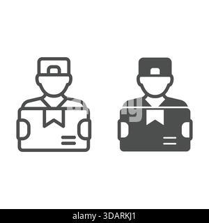Courier man with parcel box line and solid icon, postage delivery concept. Vector graphics. Carboard product door delivery sign on white background, o Stock Vector