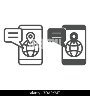 Smartphone with globe and message line and solid icon, delivery concept. Vector graphics. Phone, world globe, location pin sign on white background, o Stock Vector