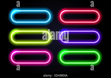 Glowing neon buttons set isolated on dark background. Realistic light frame borders collection for modern web design, mobile app, game interface, and Stock Vector