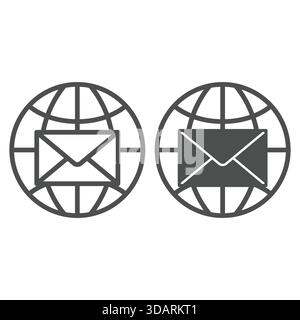 World globe with mail envelope line and solid icon, postage delivery concept. Vector graphics. Planet with letter sign on white background, outline st Stock Vector