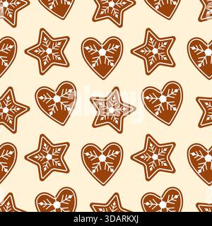 Gingerbread cookie pattern, stars and hearts made from glazed cookies on warm background, aromatic Christmas vibe. Vector illustration Stock Vector