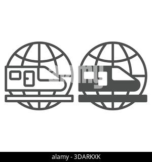 High speed train globe line and solid icon, delivery concept. Vector graphics. World globe with railroad train sign on white background, outline style Stock Vector