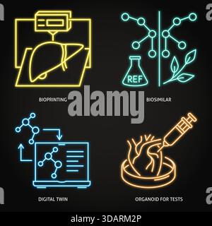 Innovative medicine techniques neon icon set. Digital twin, organoid for tests, bioprinting and biosimilar symbols. Vector illustration. Stock Vector