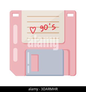 A nostalgic vector illustration of a pink retro floppy disk with a hand drawn heart note and the text 90s. Perfect for vintage computing, data storage Stock Vector