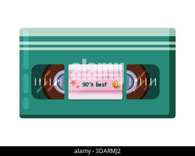 A vibrant nostalgic vector illustration of a retro VHS cassette tape with a colorful label and classic detailing. The bold green and teal palette enha Stock Vector