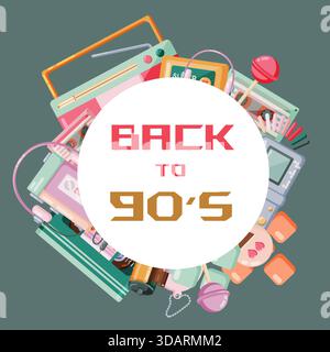 A fun social media post template with Back to 90s text in pixel style font on a white circle. The background features colorful retro items including b Stock Vector