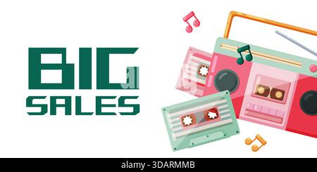 A vibrant promotional banner with pixel style text BIG SALES next to retro music devices including a boombox and cassette tapes. The nostalgic 90s sty Stock Vector