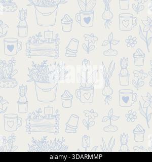 Seamless Gardening Doodle Pattern. Outline Repeating Pastel Blue Hand Drawn Spring Flowers, Bouquet in Bucket And Rustic Elements on White Background. Stock Vector