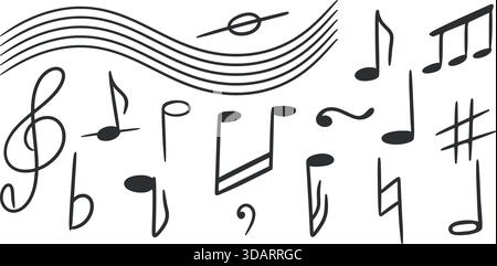 Musical notes and symbols hand drawn set. Ink icons of elements for writing musical compositions. Musical notation clip art, vector graphics Stock Vector