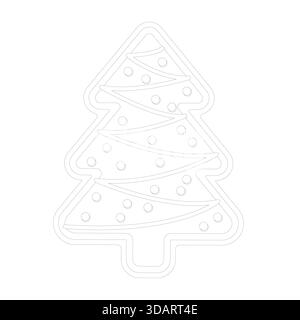 Black and white outline drawing of stylized Christmas tree with curved garlands and round ornaments. Perfect for holiday coloring pages Stock Vector