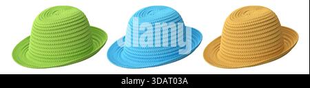 Set of woven straw hats shown from different angles isolated on white background, showcasing summer fashion accessories. Stock Photo