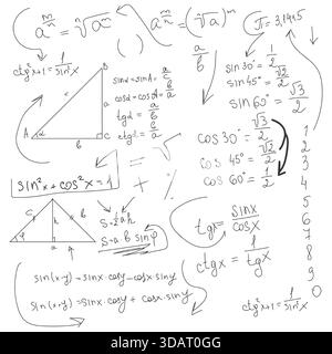 School math figures and circles, black and white sketch. Vector illustration. Trigonometric and algebraic equations, formulas and arrows isolated on a Stock Vector