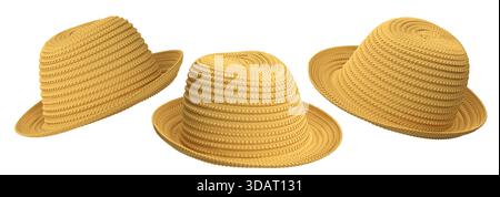Set of woven straw hats shown from different angles isolated on white background, showcasing summer fashion accessories. Stock Photo