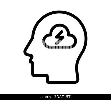 This illustration shows a human head outline featuring a cloud and lightning icon, representing the interplay of thoughts, creativity, and ideas. Stock Vector