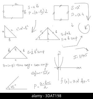 School mathematical characters, drawings and diagrams, black and white sketch. Vector illustration. Trigonometric and algebraic equations, formulas, c Stock Vector