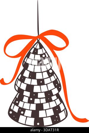 Whimsical disco ball Christmas tree illustration with ribbon bow and glittering for festive party celebrations and New Year decorations in coquette re Stock Vector