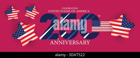 Pink themed USA 250 anniversary banner with artistic flag elements and festive bold layout Stock Vector