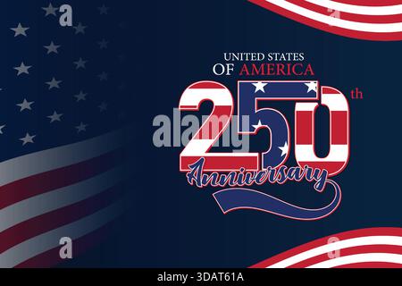 United States 250th Anniversary Flag Shape Banner. Dark Blue Red White Patriotic Gradient Background Stock Vector