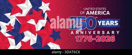 Red white blue star-pattern 250th USA anniversary banner with festive geometric celebration style Stock Vector