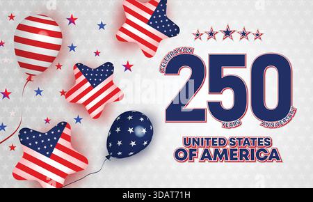 American 250 Celebration Party Elements Banner. USA Balloons Stars Festive Background Stock Vector