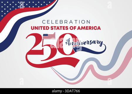 American 250 Wave Style Anniversary Banner. USA Red Blue Ribbon Flow Background Stock Vector