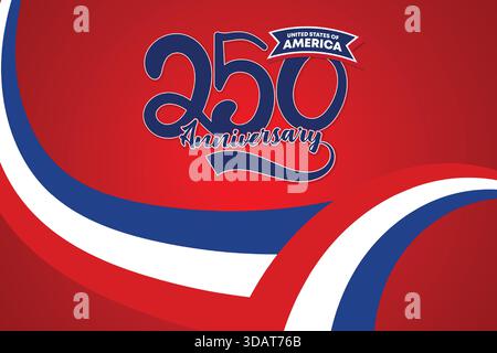 250 Anniversary Ribbon Swirl Dynamic Style Banner.Patriotic Red Blue Motion Background Stock Vector
