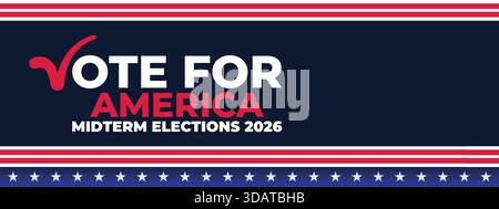 Vote for America Midterm 2026 banner featuring patriotic tones, bold text, and clean layout perfect for political advertising and campaign materials. Stock Vector