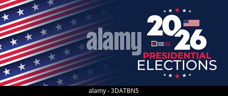 Dynamic 2026 election banner featuring horizontal flag stripes, patriotic tones, and bold typography designed for campaign promotion and political mar Stock Vector